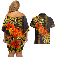 Hawaii Turtle Hibiscus Flower Couples Matching Off Shoulder Short Dress and Hawaiian Shirt Polynesian Tattoo LT03 - Polynesian Pride