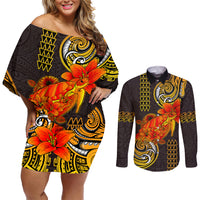 Hawaii Turtle Hibiscus Flower Couples Matching Off Shoulder Short Dress and Long Sleeve Button Shirt Polynesian Tattoo LT03 Black - Polynesian Pride