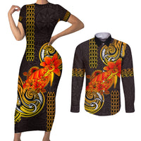 Hawaii Turtle Hibiscus Flower Couples Matching Short Sleeve Bodycon Dress and Long Sleeve Button Shirt Polynesian Tattoo LT03 Black - Polynesian Pride