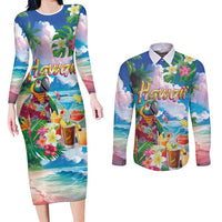 Hawaii Cocktails Couples Matching Long Sleeve Bodycon Dress and Long Sleeve Button Shirt Parrot with Cute Beach Landscape and Tropical Plants LT03 Pastel - Polynesian Pride