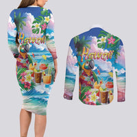 Hawaii Cocktails Couples Matching Long Sleeve Bodycon Dress and Long Sleeve Button Shirt Parrot with Cute Beach Landscape and Tropical Plants LT03 - Polynesian Pride
