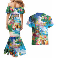Hawaii Cocktails Couples Matching Mermaid Dress and Hawaiian Shirt Parrot with Cute Beach Landscape and Tropical Plants LT03 - Polynesian Pride