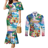 Hawaii Cocktails Couples Matching Mermaid Dress and Long Sleeve Button Shirt Parrot with Cute Beach Landscape and Tropical Plants LT03 Pastel - Polynesian Pride