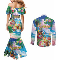 Hawaii Cocktails Couples Matching Mermaid Dress and Long Sleeve Button Shirt Parrot with Cute Beach Landscape and Tropical Plants LT03 - Polynesian Pride