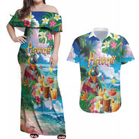 Hawaii Cocktails Couples Matching Off Shoulder Maxi Dress and Hawaiian Shirt Parrot with Cute Beach Landscape and Tropical Plants LT03 Pastel - Polynesian Pride