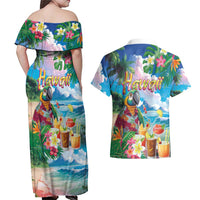 Hawaii Cocktails Couples Matching Off Shoulder Maxi Dress and Hawaiian Shirt Parrot with Cute Beach Landscape and Tropical Plants LT03 - Polynesian Pride
