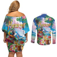 Hawaii Cocktails Couples Matching Off Shoulder Short Dress and Long Sleeve Button Shirt Parrot with Cute Beach Landscape and Tropical Plants LT03 - Polynesian Pride