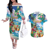Hawaii Cocktails Couples Matching Off The Shoulder Long Sleeve Dress and Hawaiian Shirt Parrot with Cute Beach Landscape and Tropical Plants LT03 Pastel - Polynesian Pride