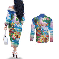 Hawaii Cocktails Couples Matching Off The Shoulder Long Sleeve Dress and Long Sleeve Button Shirt Parrot with Cute Beach Landscape and Tropical Plants LT03 - Polynesian Pride