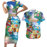 Hawaii Cocktails Couples Matching Short Sleeve Bodycon Dress and Hawaiian Shirt Parrot with Cute Beach Landscape and Tropical Plants LT03 Pastel - Polynesian Pride