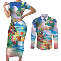 Hawaii Cocktails Couples Matching Short Sleeve Bodycon Dress and Long Sleeve Button Shirt Parrot with Cute Beach Landscape and Tropical Plants LT03 Pastel - Polynesian Pride