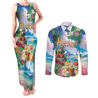 Hawaii Cocktails Couples Matching Tank Maxi Dress and Long Sleeve Button Shirt Parrot with Cute Beach Landscape and Tropical Plants LT03 Pastel - Polynesian Pride