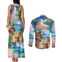 Hawaii Cocktails Couples Matching Tank Maxi Dress and Long Sleeve Button Shirt Parrot with Cute Beach Landscape and Tropical Plants LT03 - Polynesian Pride