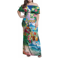 Hawaii Cocktails Family Matching Off Shoulder Maxi Dress and Hawaiian Shirt Parrot with Cute Beach Landscape and Tropical Plants LT03 Mom's Dress Pastel - Polynesian Pride