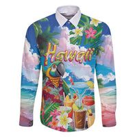 Hawaii Cocktails Family Matching Off Shoulder Short Dress and Hawaiian Shirt Parrot with Cute Beach Landscape and Tropical Plants LT03 Dad's Shirt - Long Sleeve Pastel - Polynesian Pride