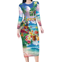 Hawaii Cocktails Long Sleeve Bodycon Dress Parrot with Cute Beach Landscape and Tropical Plants LT03 Long Dress Pastel - Polynesian Pride