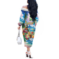 Hawaii Cocktails Off The Shoulder Long Sleeve Dress Parrot with Cute Beach Landscape and Tropical Plants LT03 - Polynesian Pride