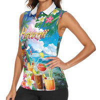 Hawaii Cocktails Women Sleeveless Polo Shirt Parrot with Cute Beach Landscape and Tropical Plants LT03 - Polynesian Pride