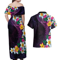 Hawaiian Plumeria-Polynesian Art Tattoo Mauve Color Couples Matching Off Shoulder Maxi Dress and Hawaiian Shirt LT03 - Polynesian Pride