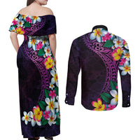 Hawaiian Plumeria-Polynesian Art Tattoo Mauve Color Couples Matching Off Shoulder Maxi Dress and Long Sleeve Button Shirt LT03 - Polynesian Pride