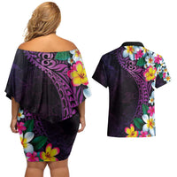Hawaiian Plumeria-Polynesian Art Tattoo Mauve Color Couples Matching Off Shoulder Short Dress and Hawaiian Shirt LT03 - Polynesian Pride