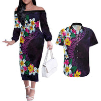 Hawaiian Plumeria-Polynesian Art Tattoo Mauve Color Couples Matching Off The Shoulder Long Sleeve Dress and Hawaiian Shirt LT03 Purple - Polynesian Pride