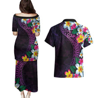 Hawaiian Plumeria-Polynesian Art Tattoo Mauve Color Couples Matching Puletasi and Hawaiian Shirt LT03 - Polynesian Pride