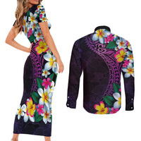 Hawaiian Plumeria-Polynesian Art Tattoo Mauve Color Couples Matching Short Sleeve Bodycon Dress and Long Sleeve Button Shirt LT03 - Polynesian Pride