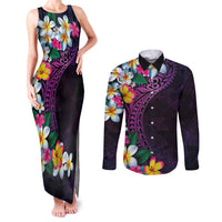 Hawaiian Plumeria-Polynesian Art Tattoo Mauve Color Couples Matching Tank Maxi Dress and Long Sleeve Button Shirt LT03 Purple - Polynesian Pride
