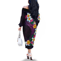 Hawaiian Plumeria-Polynesian Art Tattoo Mauve Color Family Matching Off The Shoulder Long Sleeve Dress and Hawaiian Shirt LT03 - Polynesian Pride