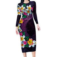 Hawaiian Plumeria-Polynesian Art Tattoo Mauve Color Long Sleeve Bodycon Dress LT03 Long Dress Purple - Polynesian Pride