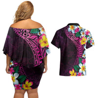 Hawaiian Plumeria-Polynesian Art Tattoo Plum Pink Color Couples Matching Off Shoulder Short Dress and Hawaiian Shirt LT03 - Polynesian Pride