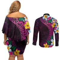 Hawaiian Plumeria-Polynesian Art Tattoo Plum Pink Color Couples Matching Off Shoulder Short Dress and Long Sleeve Button Shirt LT03 - Polynesian Pride