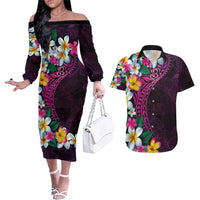Hawaiian Plumeria-Polynesian Art Tattoo Plum Pink Color Couples Matching Off The Shoulder Long Sleeve Dress and Hawaiian Shirt LT03 Pink - Polynesian Pride
