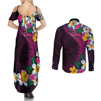 Hawaiian Plumeria-Polynesian Art Tattoo Plum Pink Color Couples Matching Summer Maxi Dress and Long Sleeve Button Shirt LT03 - Polynesian Pride