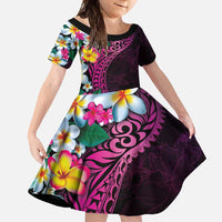 Hawaiian Plumeria-Polynesian Art Tattoo Plum Pink Color Family Matching Long Sleeve Bodycon Dress and Hawaiian Shirt LT03 Daughter's Dress Pink - Polynesian Pride