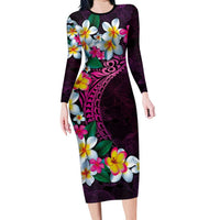 Hawaiian Plumeria-Polynesian Art Tattoo Plum Pink Color Family Matching Long Sleeve Bodycon Dress and Hawaiian Shirt LT03 Mom's Dress Pink - Polynesian Pride