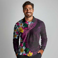 Hawaiian Plumeria-Polynesian Art Tattoo Plum Pink Color Long Sleeve Polo Shirt LT03 - Polynesian Pride
