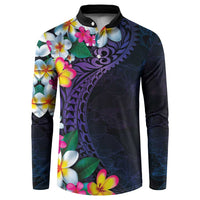 Hawaiian Plumeria-Polynesian Art Tattoo Frosted Blue Violet Color Button Sweatshirt