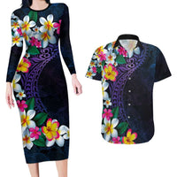Hawaiian Plumeria-Polynesian Art Tattoo Frosted Blue Violet Color Couples Matching Long Sleeve Bodycon Dress and Hawaiian Shirt LT03 Blue - Polynesian Pride