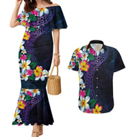 Hawaiian Plumeria-Polynesian Art Tattoo Frosted Blue Violet Color Couples Matching Mermaid Dress and Hawaiian Shirt LT03 Blue - Polynesian Pride