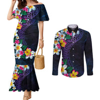 Hawaiian Plumeria-Polynesian Art Tattoo Frosted Blue Violet Color Couples Matching Mermaid Dress and Long Sleeve Button Shirt LT03 Blue - Polynesian Pride