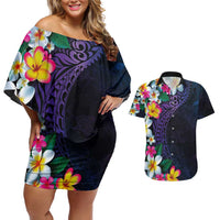 Hawaiian Plumeria-Polynesian Art Tattoo Frosted Blue Violet Color Couples Matching Off Shoulder Short Dress and Hawaiian Shirt LT03 Blue - Polynesian Pride