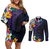 Hawaiian Plumeria-Polynesian Art Tattoo Frosted Blue Violet Color Couples Matching Off Shoulder Short Dress and Long Sleeve Button Shirt LT03 Blue - Polynesian Pride