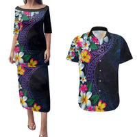 Hawaiian Plumeria-Polynesian Art Tattoo Frosted Blue Violet Color Couples Matching Puletasi and Hawaiian Shirt LT03 Blue - Polynesian Pride