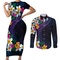Hawaiian Plumeria-Polynesian Art Tattoo Frosted Blue Violet Color Couples Matching Short Sleeve Bodycon Dress and Long Sleeve Button Shirt LT03 Blue - Polynesian Pride
