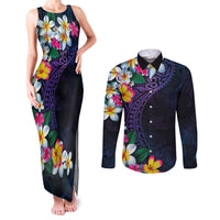 Hawaiian Plumeria-Polynesian Art Tattoo Frosted Blue Violet Color Couples Matching Tank Maxi Dress and Long Sleeve Button Shirt LT03 Blue - Polynesian Pride