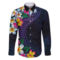 Hawaiian Plumeria-Polynesian Art Tattoo Frosted Blue Violet Color Family Matching Off Shoulder Maxi Dress and Hawaiian Shirt LT03 Dad's Shirt - Long Sleeve Blue - Polynesian Pride