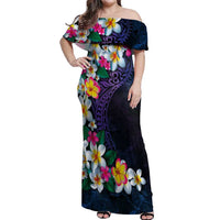 Hawaiian Plumeria-Polynesian Art Tattoo Frosted Blue Violet Color Off Shoulder Maxi Dress LT03 Women Blue - Polynesian Pride