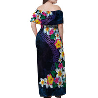 Hawaiian Plumeria-Polynesian Art Tattoo Frosted Blue Violet Color Off Shoulder Maxi Dress LT03 - Polynesian Pride